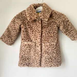 Boden Leopard Print Brown Black Faux Fur Coat Size 2/3